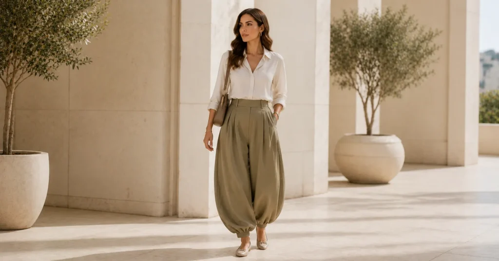 Balloon Pants Outfit Ideas with high-waisted balloon pants and a tucked blouse