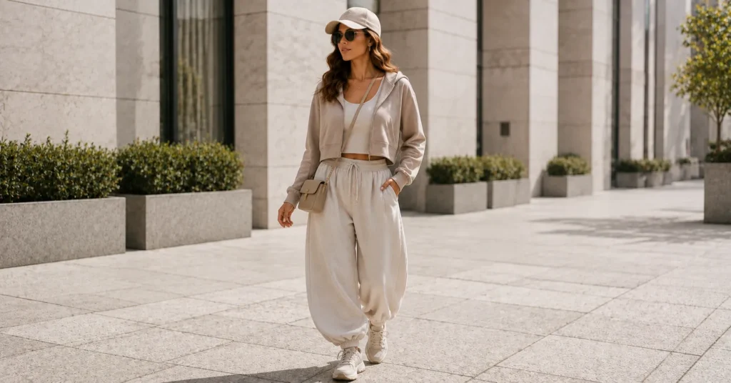 Balloon Pants Outfit Ideas with a cropped hoodie and sporty sneakers