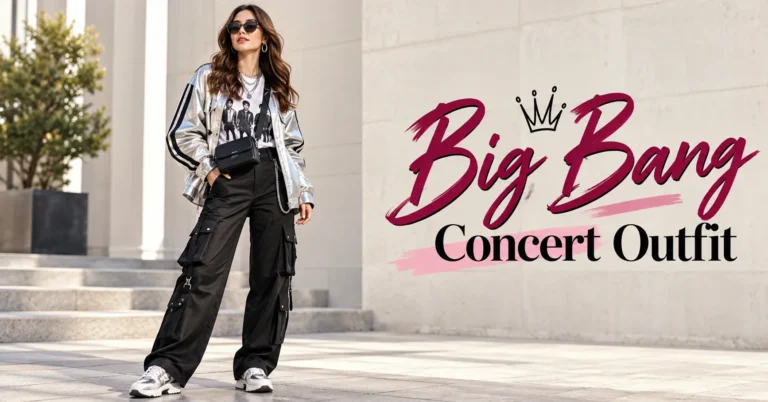 Big bang concert outfit featuring a bold oversized jacket, graphic tee, black trousers, chunky sneakers, and statement accessories.