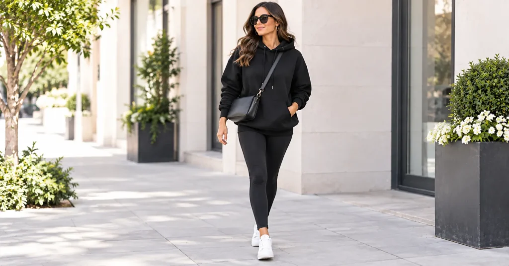 Black Hoodie Outfits: 12 Effortless Looks Every Woman Needs 3 Classic Black Hoodie Outfits with oversized hoodie, black leggings, white sneakers, and crossbody bag