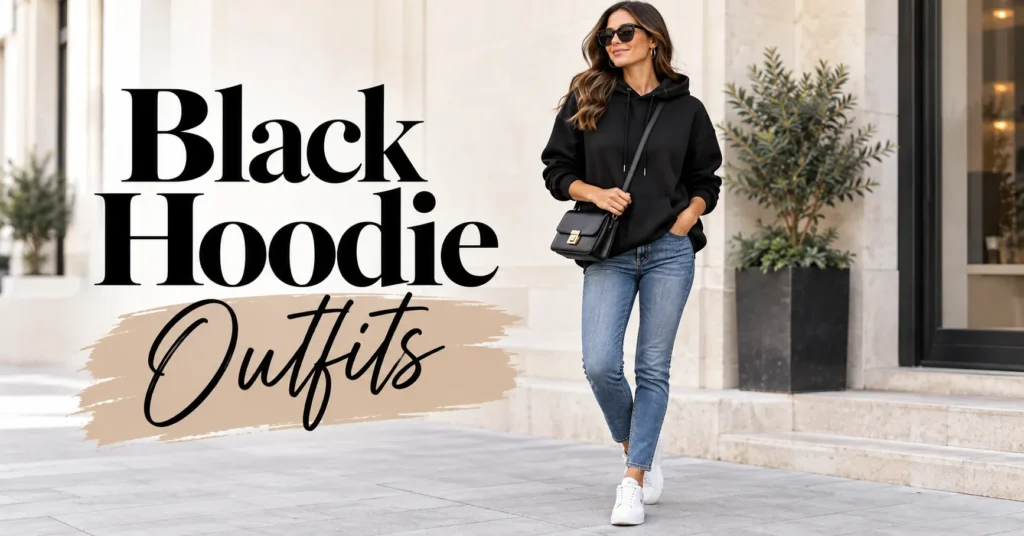 Black Hoodie Outfits: 12 Effortless Looks Every Woman Needs 5 Black Hoodie Outfits with oversized hoodie, blue jeans, white sneakers, and crossbody bag