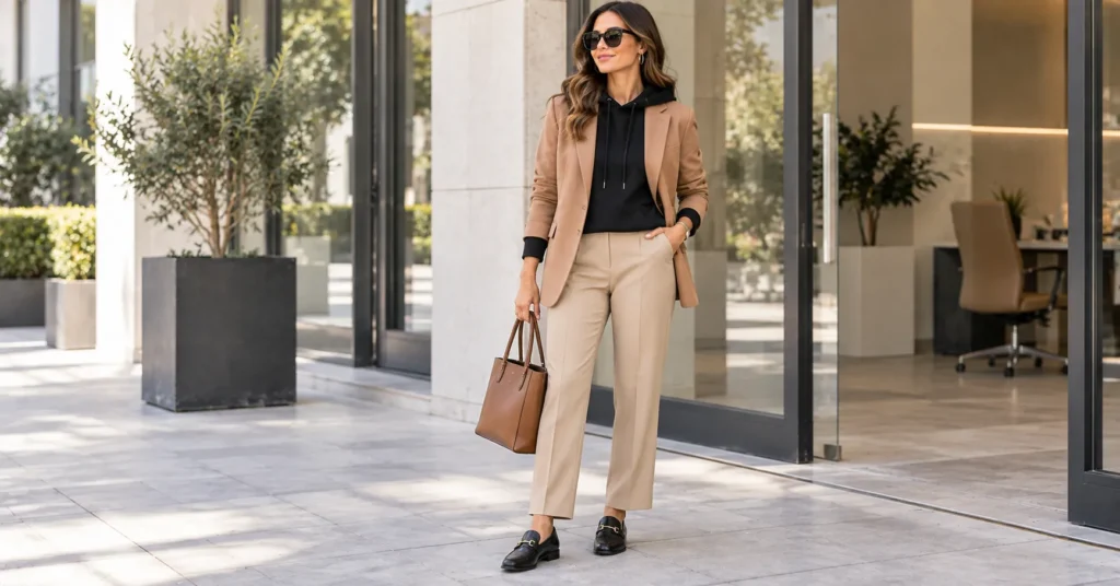Black Hoodie Outfits: 12 Effortless Looks Every Woman Needs 4 Office Black Hoodie Outfits with fitted hoodie, camel blazer, trousers, and loafers