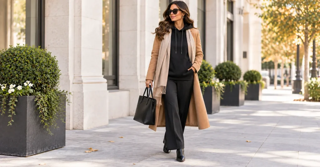 Black Hoodie Outfits: 12 Effortless Looks Every Woman Needs 7 Cozy Black Hoodie Outfits with longline hoodie, wide-leg trousers, wool coat, and scarf
