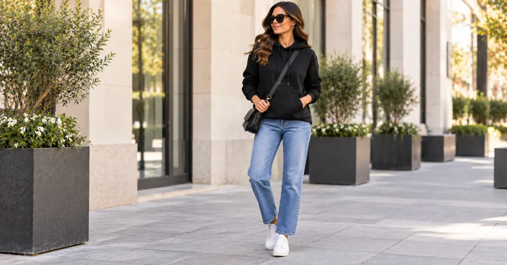 Black Hoodie Outfits: 12 Effortless Looks Every Woman Needs 8 Black Hoodie Outfits with blue jeans, white sneakers, gold hoops, and crossbody bag