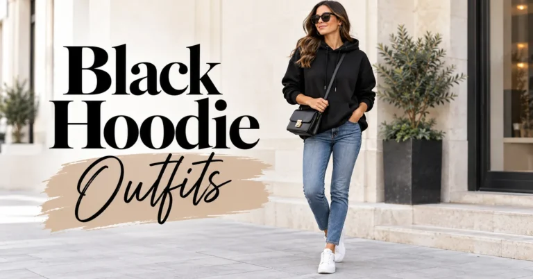 Black Hoodie Outfits with oversized hoodie, blue jeans, white sneakers, and crossbody bag