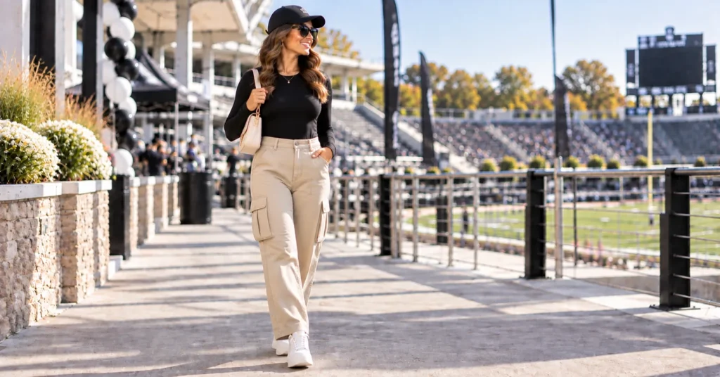 15 Bold Black Out Football Game Outfits to Rule Game Day 12 Black Out Football Game Outfits with a black bodysuit and cargo pants