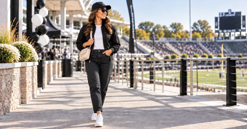 15 Bold Black Out Football Game Outfits to Rule Game Day 13 Black Out Football Game Outfits with a black bomber jacket and jeans
