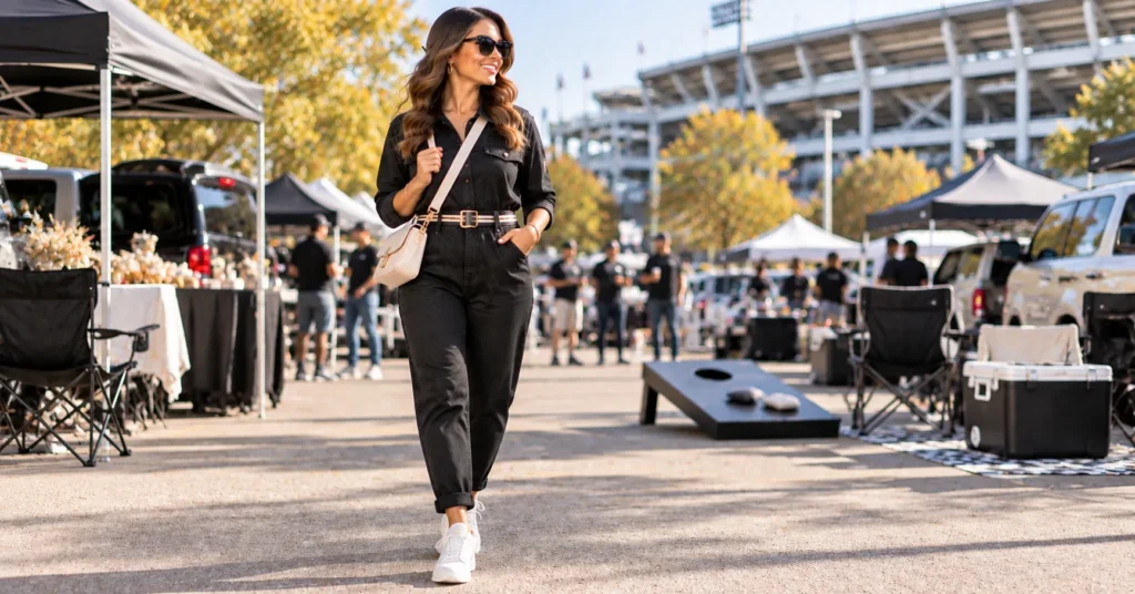 15 Bold Black Out Football Game Outfits to Rule Game Day 14 Black Out Football Game Outfits featuring a comfortable black tailgate jumpsuit