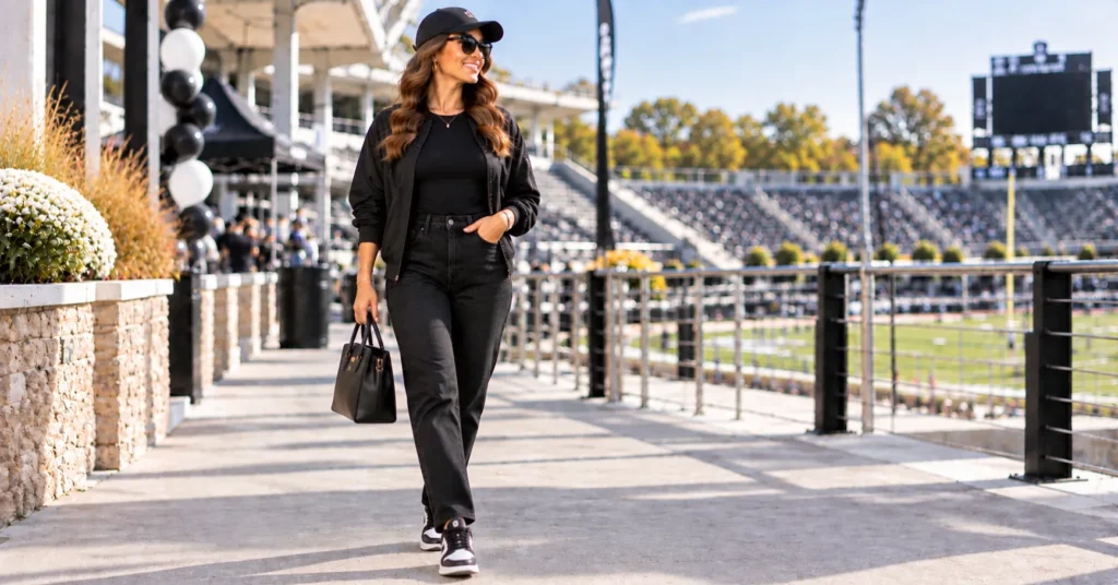 15 Bold Black Out Football Game Outfits to Rule Game Day 16 Black Out Football Game Outfits featuring a sophisticated head-to-toe black monochrome look