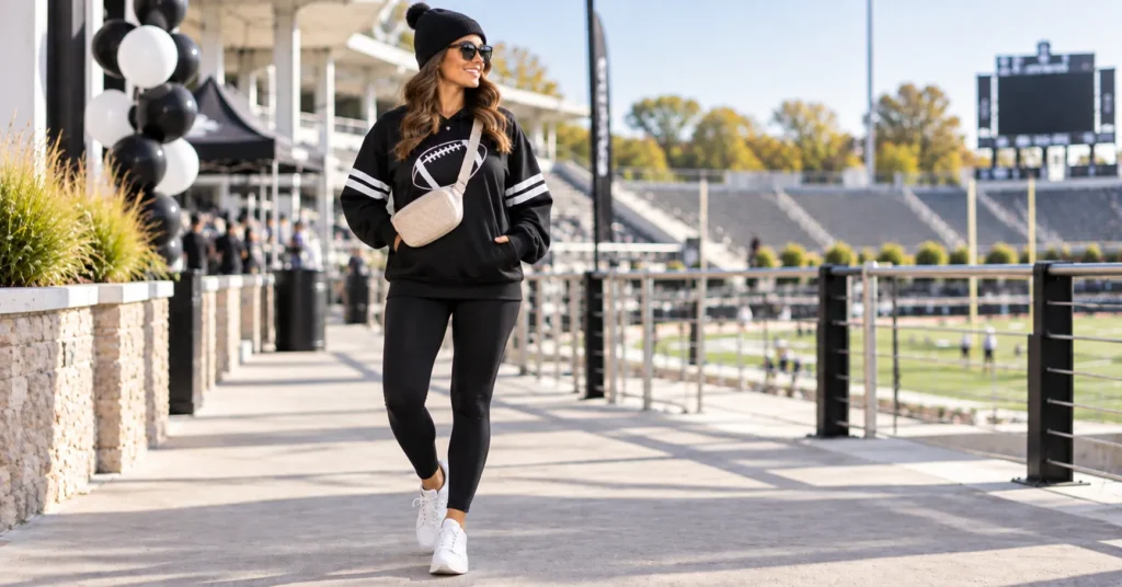 15 Bold Black Out Football Game Outfits to Rule Game Day 5 Black Out Football Game Outfits with an oversized hoodie and leggings