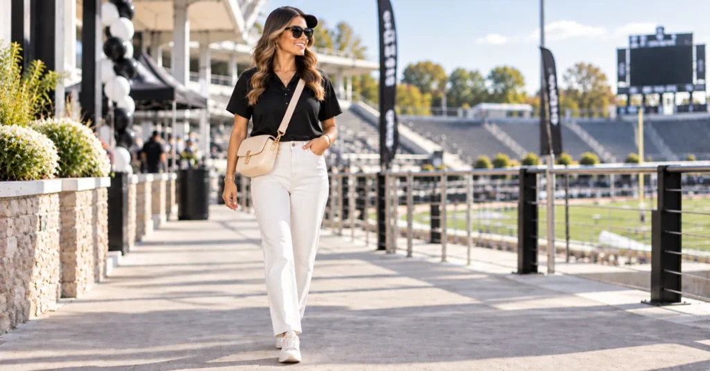 15 Bold Black Out Football Game Outfits to Rule Game Day 7 Black Out Football Game Outfits with a black polo shirt and white denim