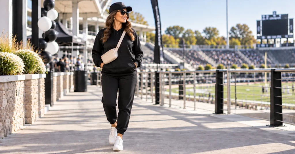 15 Bold Black Out Football Game Outfits to Rule Game Day 8 Black Out Football Game Outfits featuring a stylish all-black athleisure set