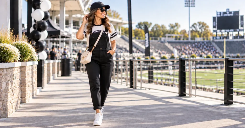 15 Bold Black Out Football Game Outfits to Rule Game Day 9 Black Out Football Game Outfits with black overalls and a team tee