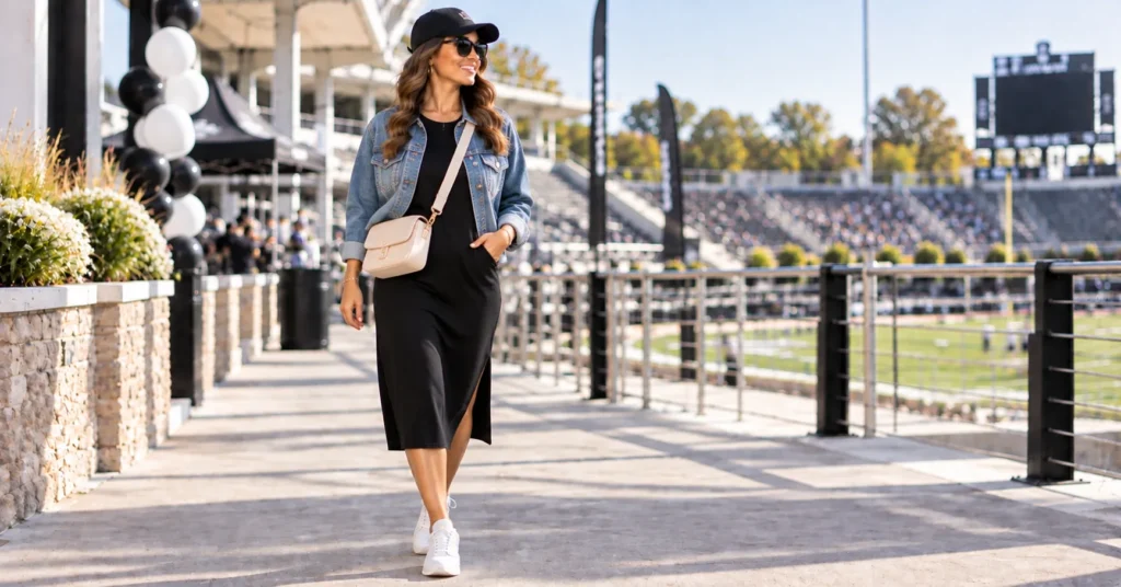 15 Bold Black Out Football Game Outfits to Rule Game Day 10 Black Out Football Game Outfits featuring a stylish black game-day dress
