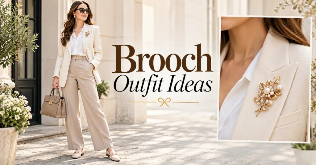 Brooch Outfit Ideas featuring a stylish woman wearing a vintage-inspired gold and pearl brooch on a sophisticated cream blazer.