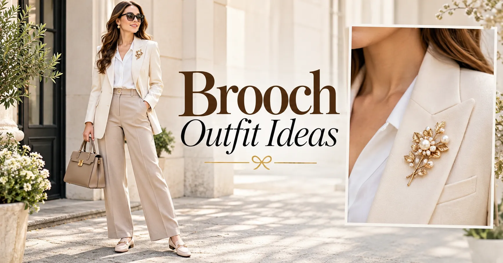 Brooch Outfit Ideas featuring a stylish woman wearing a vintage-inspired gold and pearl brooch on a sophisticated cream blazer.