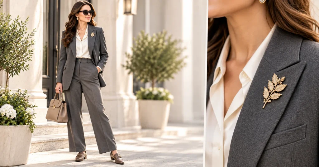 13 Stunning Brooch Outfit Ideas to Elevate Your Everyday Style 3 Brooch Outfit Ideas with a gold leaf brooch styled on a classic charcoal blazer lapel.