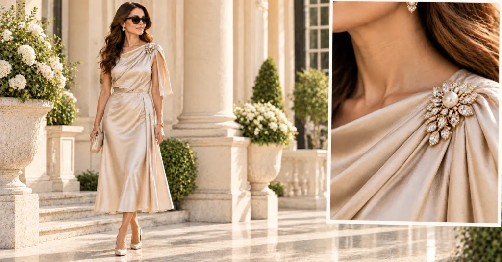 13 Stunning Brooch Outfit Ideas to Elevate Your Everyday Style 12 Brooch Outfit Ideas featuring an elegant crystal and pearl brooch on formal evening wear.