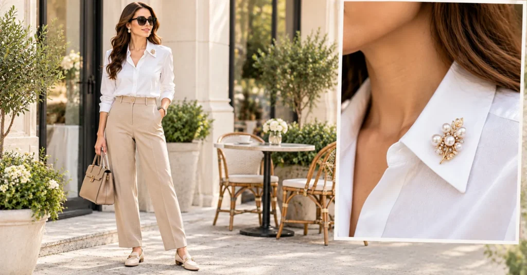 13 Stunning Brooch Outfit Ideas to Elevate Your Everyday Style 4 Brooch Outfit Ideas featuring a delicate brooch styled at the collar of a white button-down shirt.