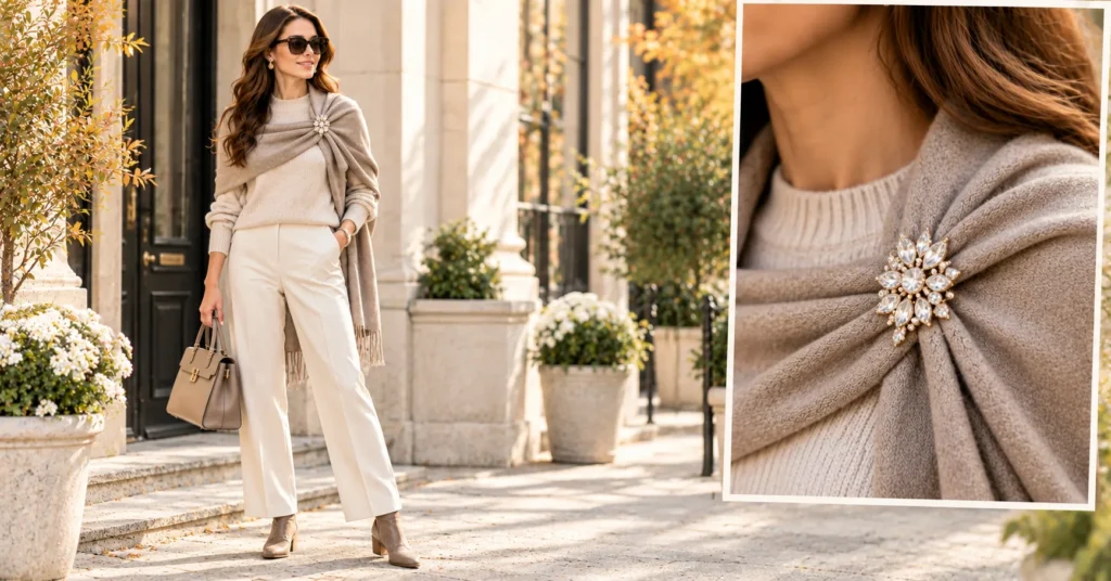 13 Stunning Brooch Outfit Ideas to Elevate Your Everyday Style 5 Brooch Outfit Ideas featuring a jeweled brooch securing a cozy shawl at the collarbone.