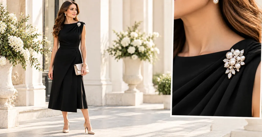 13 Stunning Brooch Outfit Ideas to Elevate Your Everyday Style 6 Brooch Outfit Ideas with a pearl and rhinestone brooch accenting a classic black dress.