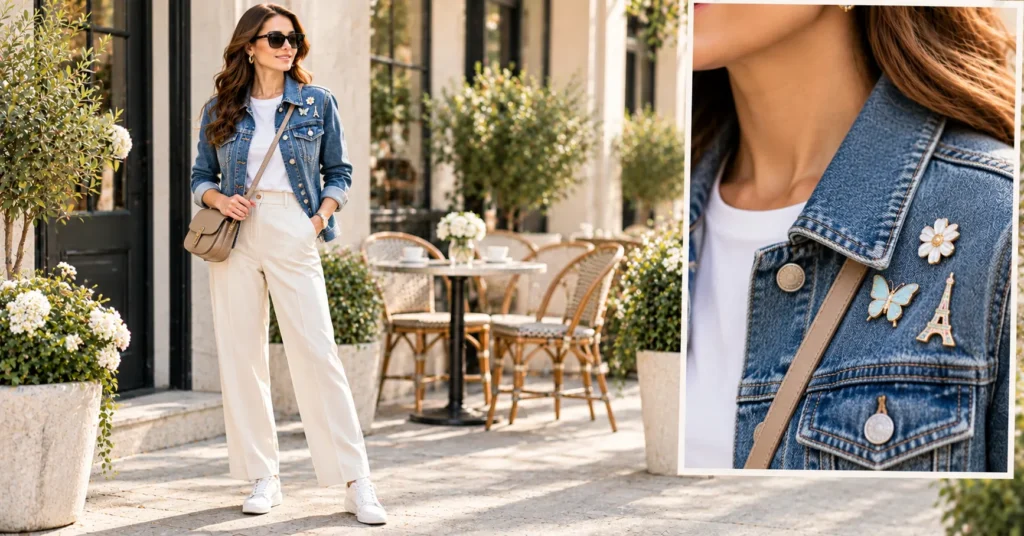 13 Stunning Brooch Outfit Ideas to Elevate Your Everyday Style 7 Brooch Outfit Ideas featuring playful enamel brooches on a casual denim jacket.