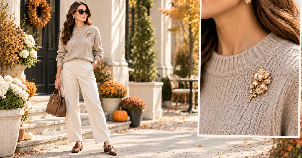 13 Stunning Brooch Outfit Ideas to Elevate Your Everyday Style 8 Brooch Outfit Ideas with a delicate gold floral brooch on a cozy knit sweater.