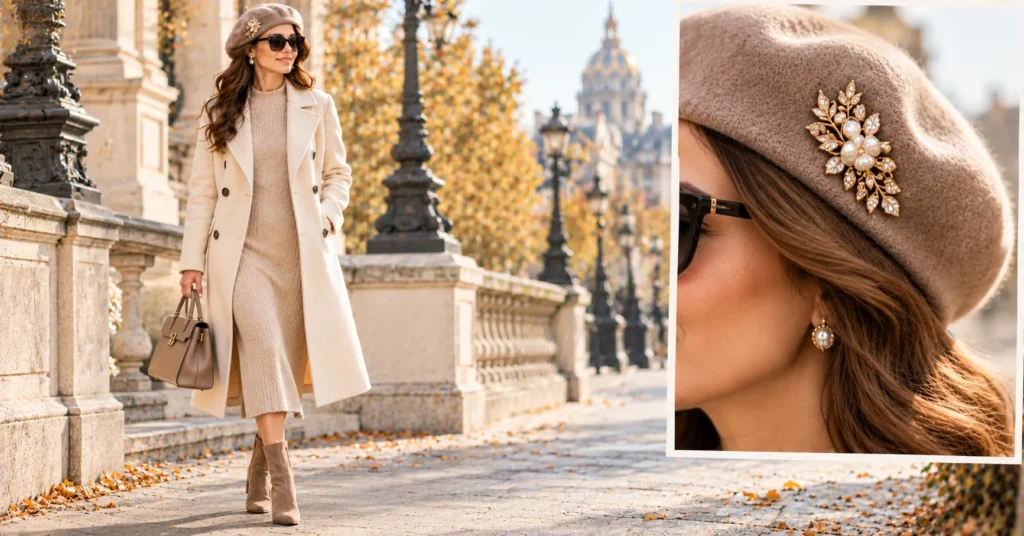 13 Stunning Brooch Outfit Ideas to Elevate Your Everyday Style 9 Brooch Outfit Ideas featuring a vintage-inspired brooch pinned to a stylish wool beret.