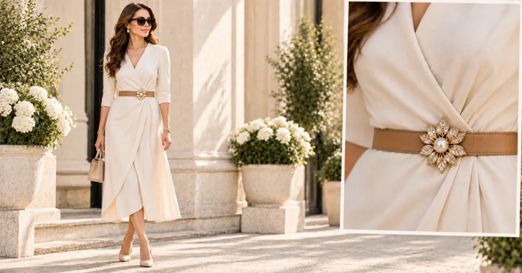 13 Stunning Brooch Outfit Ideas to Elevate Your Everyday Style 10 Brooch Outfit Ideas featuring a gold brooch accenting the waist of a cream wrap dress.
