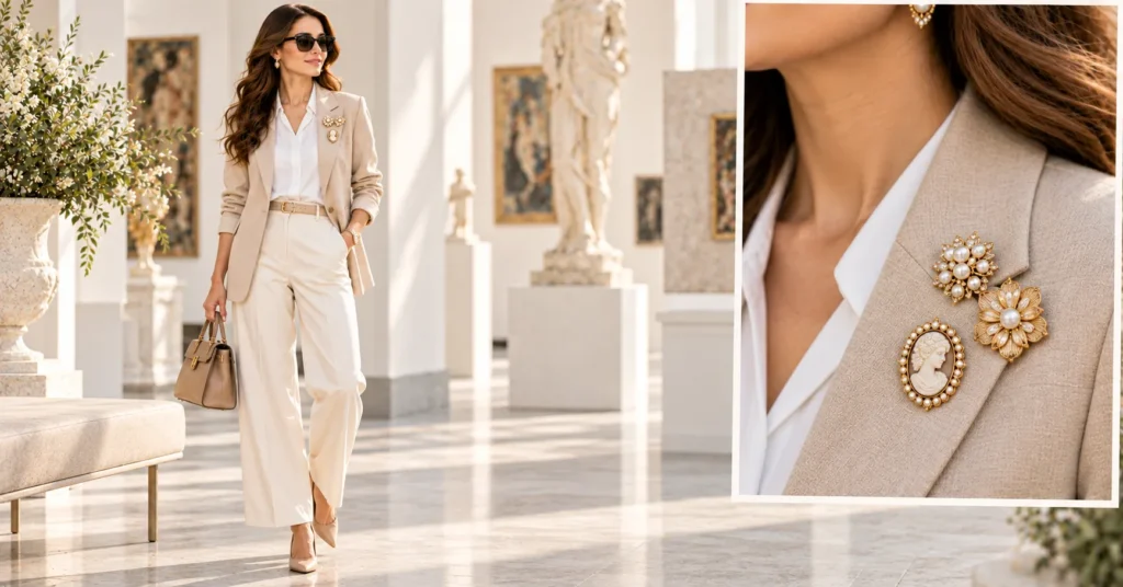 13 Stunning Brooch Outfit Ideas to Elevate Your Everyday Style 11 Brooch Outfit Ideas featuring three coordinated vintage brooches layered on a beige blazer.