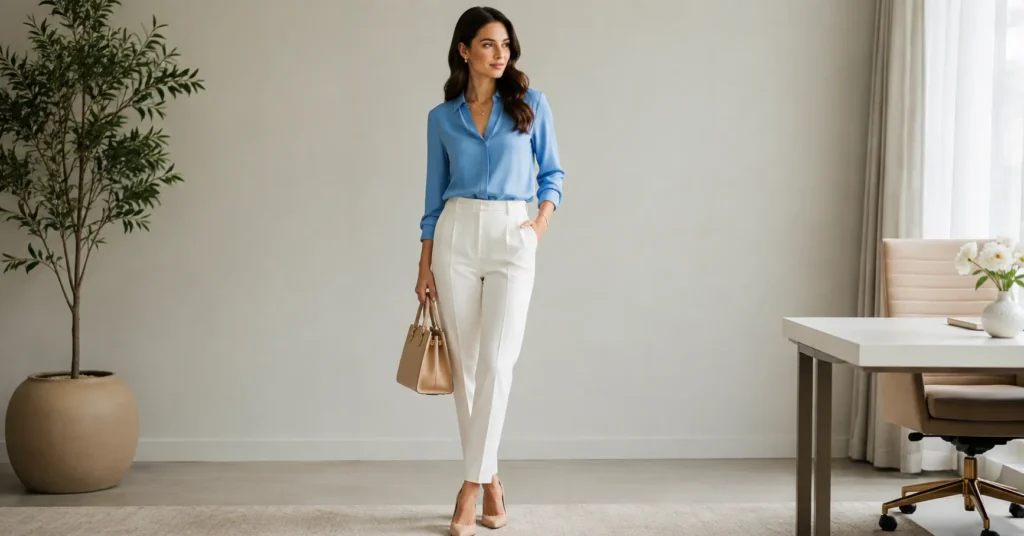 15 Stunning Cerulean Blue Outfit Ideas to Refresh Your 2026 Wardrobe 3 Cerulean Blue Outfit Ideas with a polished cerulean blouse and tailored white trousers for work