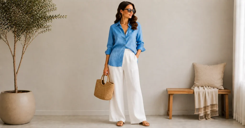 15 Stunning Cerulean Blue Outfit Ideas to Refresh Your 2026 Wardrobe 12 Cerulean Blue Outfit Ideas featuring a cerulean linen shirt with white linen pants
