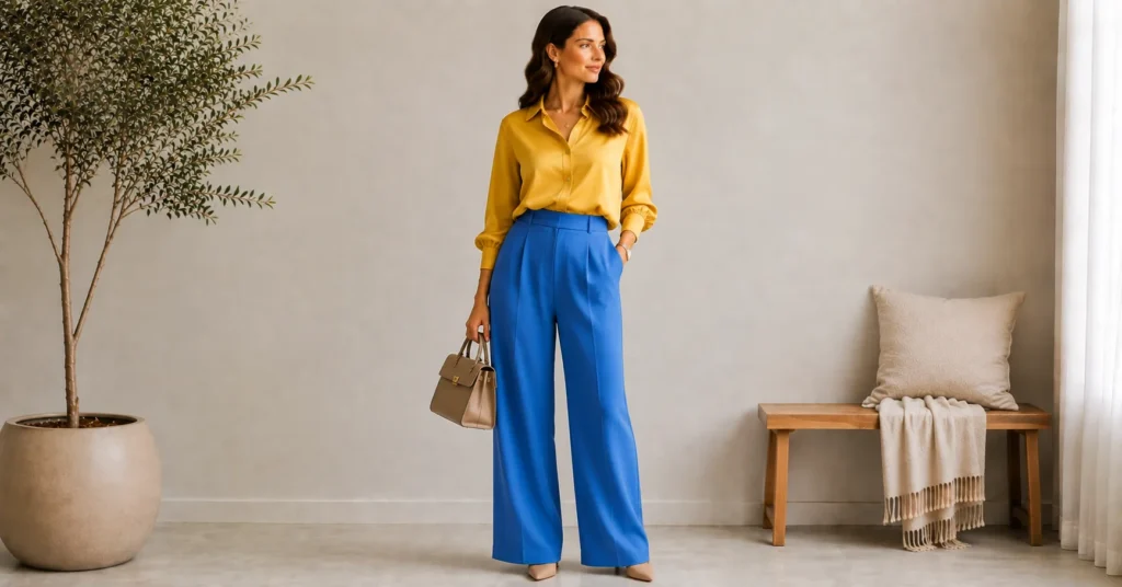 15 Stunning Cerulean Blue Outfit Ideas to Refresh Your 2026 Wardrobe 13 Cerulean Blue Outfit Ideas featuring cerulean wide-leg trousers with a mustard yellow top