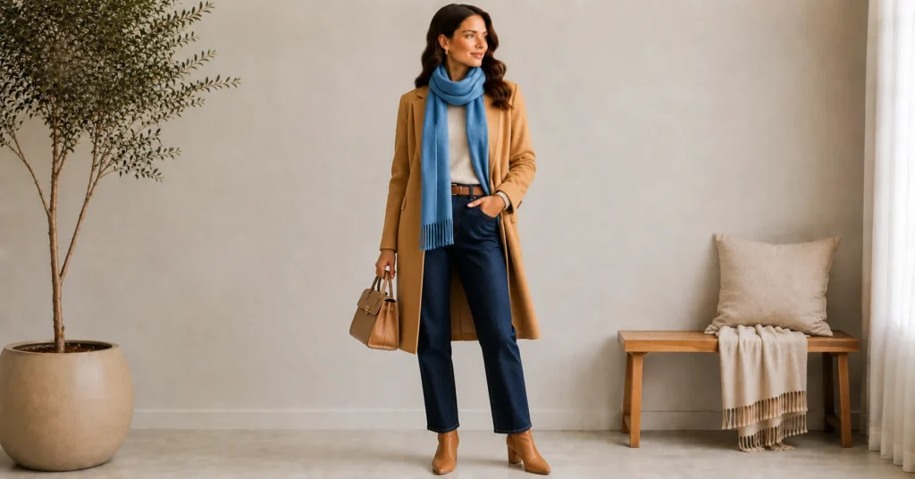 15 Stunning Cerulean Blue Outfit Ideas to Refresh Your 2026 Wardrobe 14 Cerulean Blue Outfit Ideas featuring a cerulean scarf styled with a camel coat and dark denim