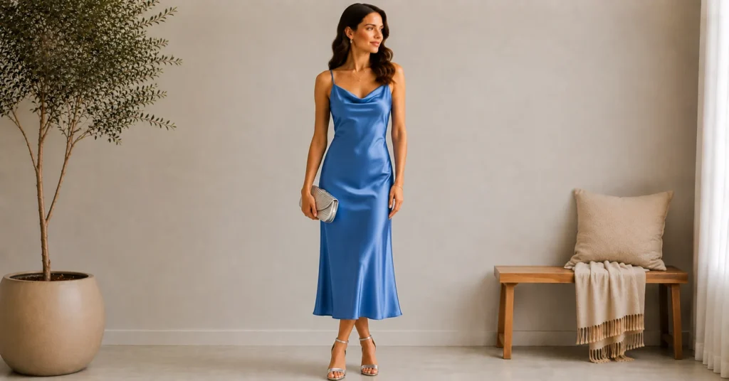 15 Stunning Cerulean Blue Outfit Ideas to Refresh Your 2026 Wardrobe 15 Cerulean Blue Outfit Ideas featuring an elegant cerulean satin slip dress with silver accessories