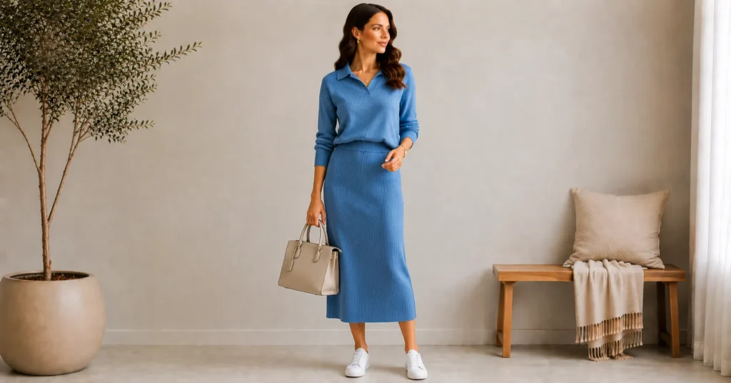 15 Stunning Cerulean Blue Outfit Ideas to Refresh Your 2026 Wardrobe 16 Cerulean Blue Outfit Ideas featuring a matching cerulean knit top and midi skirt with white sneakers