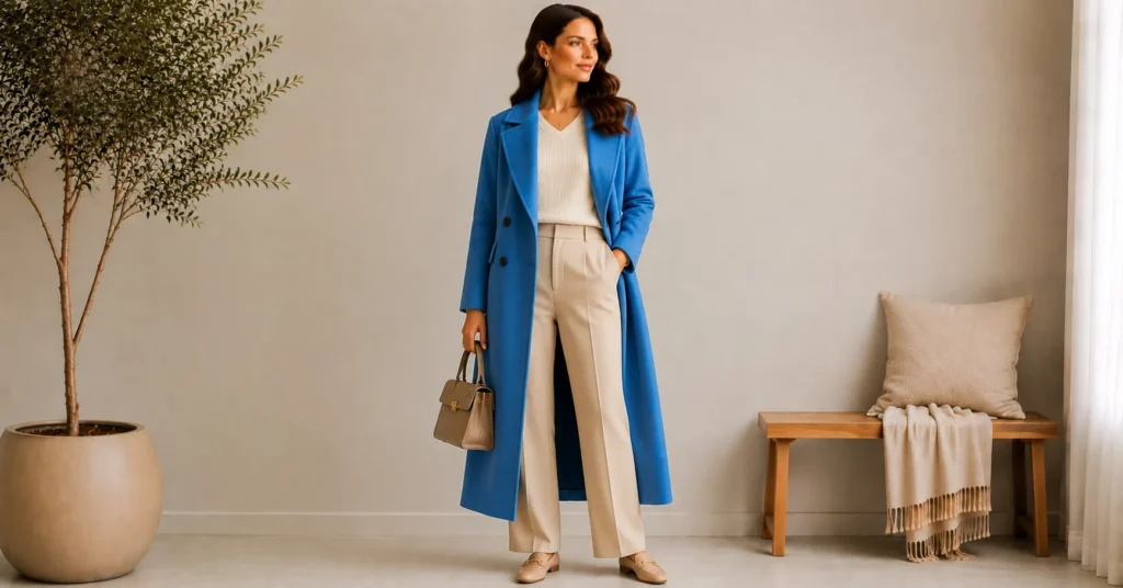 15 Stunning Cerulean Blue Outfit Ideas to Refresh Your 2026 Wardrobe 17 Cerulean Blue Outfit Ideas featuring a statement cerulean blue coat over a neutral outfit