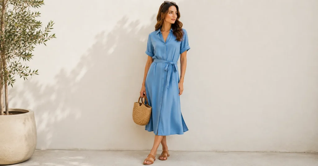 15 Stunning Cerulean Blue Outfit Ideas to Refresh Your 2026 Wardrobe 4 Cerulean Blue Outfit Ideas featuring an elegant cerulean blue midi dress with tan accessories