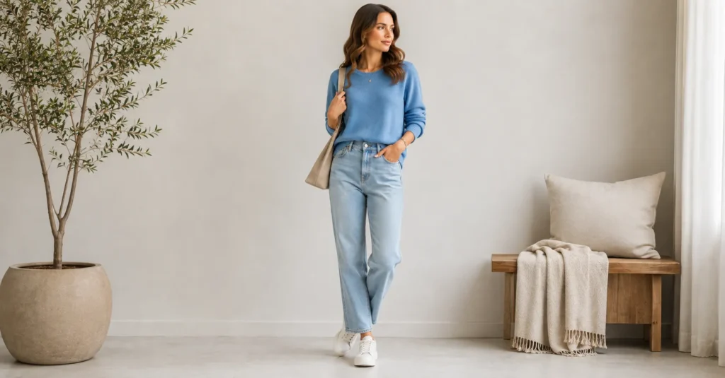 15 Stunning Cerulean Blue Outfit Ideas to Refresh Your 2026 Wardrobe 5 Cerulean Blue Outfit Ideas with a cerulean knit sweater, light-wash jeans, and white sneakers