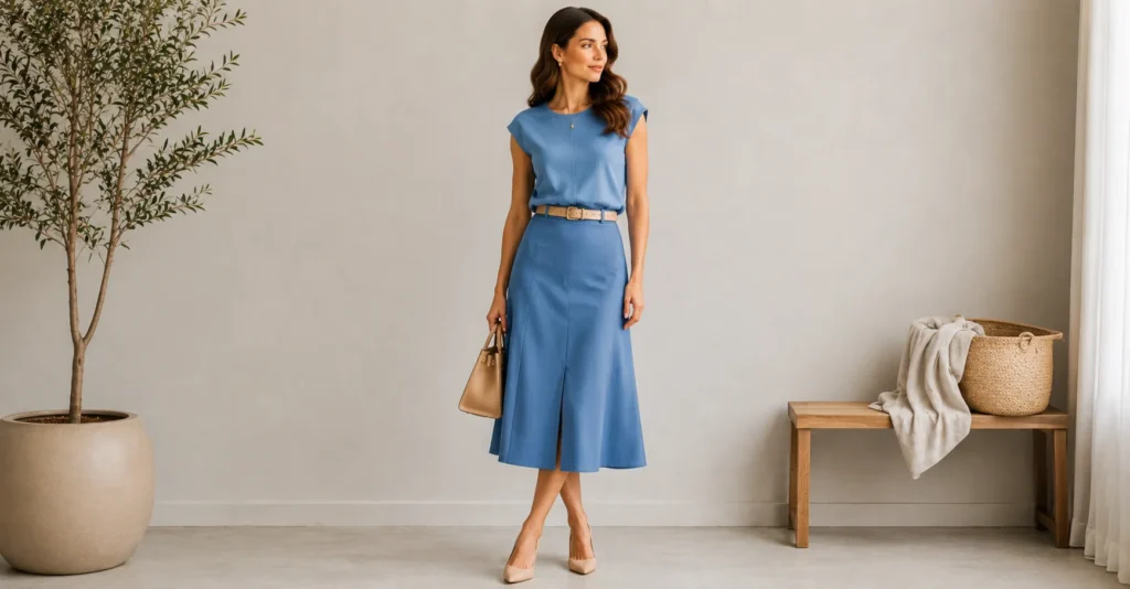15 Stunning Cerulean Blue Outfit Ideas to Refresh Your 2026 Wardrobe 6 Cerulean Blue Outfit Ideas featuring a sophisticated monochromatic blue top and skirt