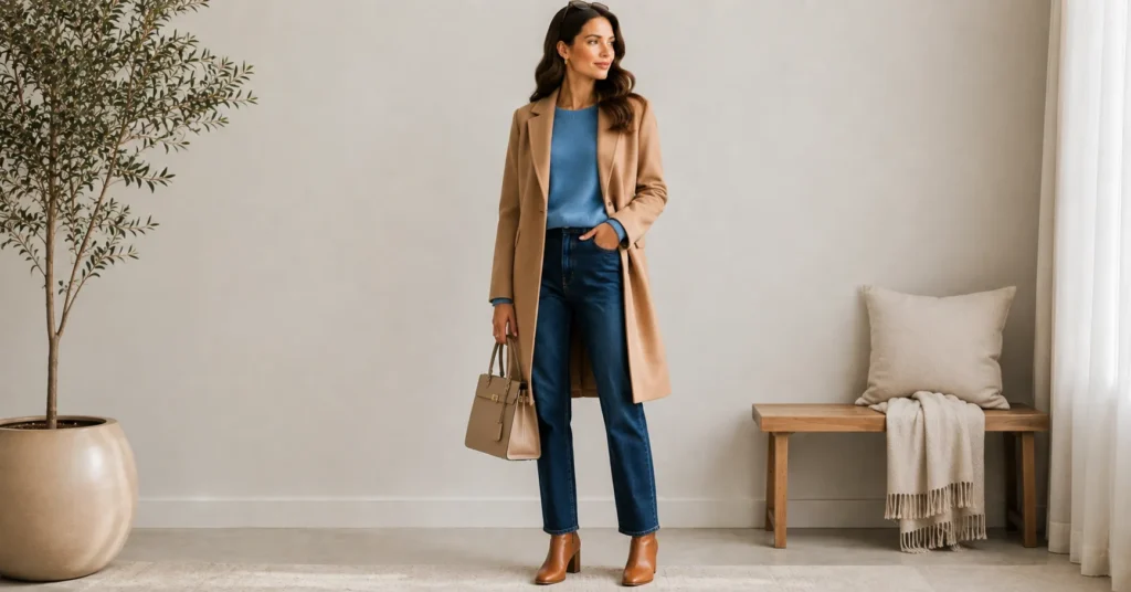 15 Stunning Cerulean Blue Outfit Ideas to Refresh Your 2026 Wardrobe 7 Cerulean Blue Outfit Ideas pairing a cerulean sweater with a camel coat and dark denim
