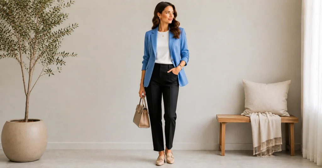 15 Stunning Cerulean Blue Outfit Ideas to Refresh Your 2026 Wardrobe 9 Cerulean Blue Outfit Ideas featuring a tailored cerulean blazer with a white tee and black trousers
