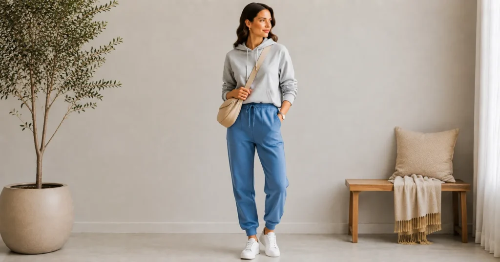 15 Stunning Cerulean Blue Outfit Ideas to Refresh Your 2026 Wardrobe 10 Cerulean Blue Outfit Ideas featuring fresh cerulean joggers styled with a gray hoodie and white sneakers
