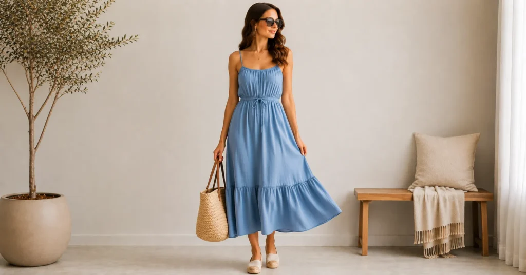 15 Stunning Cerulean Blue Outfit Ideas to Refresh Your 2026 Wardrobe 11 Cerulean Blue Outfit Ideas featuring a flowy cerulean sundress with espadrilles and a straw tote