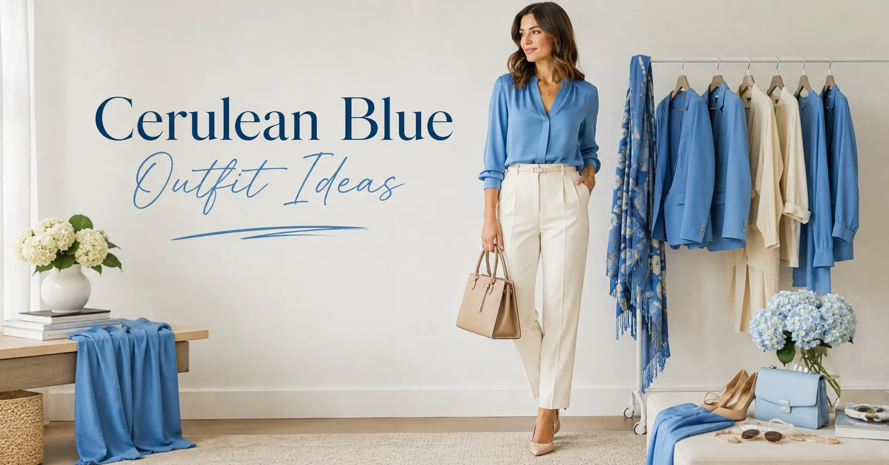 Cerulean Blue Outfit Ideas featuring a stylish woman in a polished blue and neutral outfit