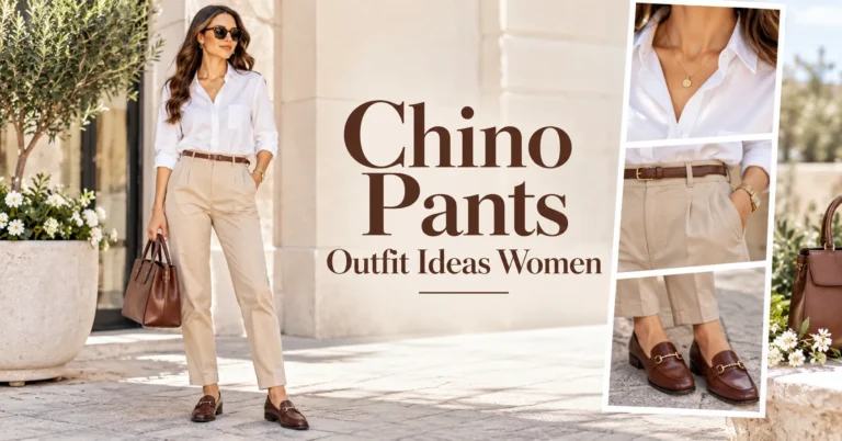 Chino pants outfit ideas women featuring beige tailored chinos, a white shirt, loafers, handbag, and elegant accessories.