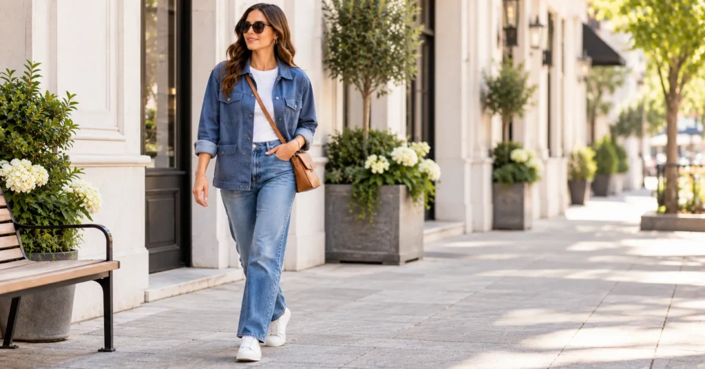 12 Effortless Chore Jacket Outfit Ideas for a Chic, Timeless Look 3 Classic blue chore jacket with jeans and white tee Chore Jacket Outfit Ideas