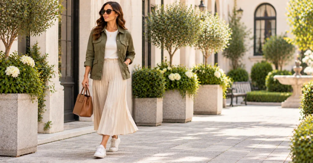 12 Effortless Chore Jacket Outfit Ideas for a Chic, Timeless Look 12 Olive chore jacket with pleated midi skirt Chore Jacket Outfit Ideas