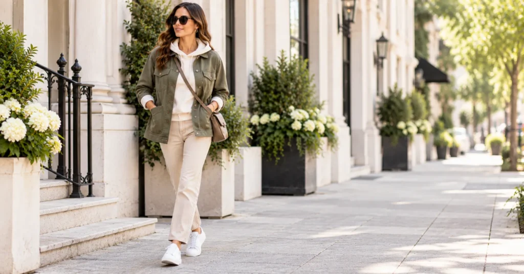 12 Effortless Chore Jacket Outfit Ideas for a Chic, Timeless Look 4 Chore jacket layered over a cream hoodie Chore Jacket Outfit Ideas
