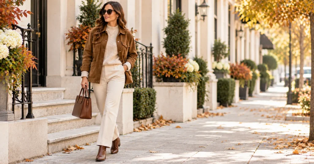 12 Effortless Chore Jacket Outfit Ideas for a Chic, Timeless Look 5 Corduroy chore jacket with cozy knitwear for fall Chore Jacket Outfit Ideas